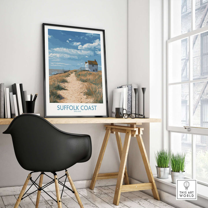 Suffolk Coast England poster showcasing a serene shoreline, perfect for travel decor in a modern workspace setting.