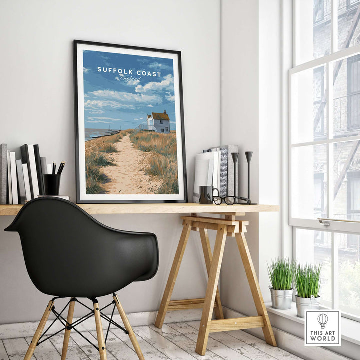 Suffolk Coast beach house print showcasing a coastal pathway, perfect for seaside-themed home decor.
