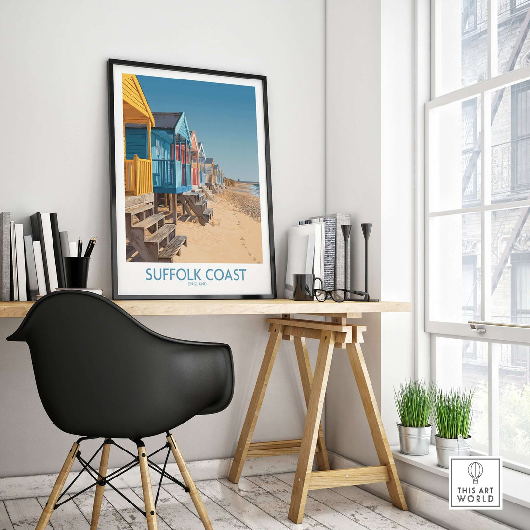 Suffolk Coast wall art featuring colorful beach huts, enhancing coastal decor for a bright and uplifting space.