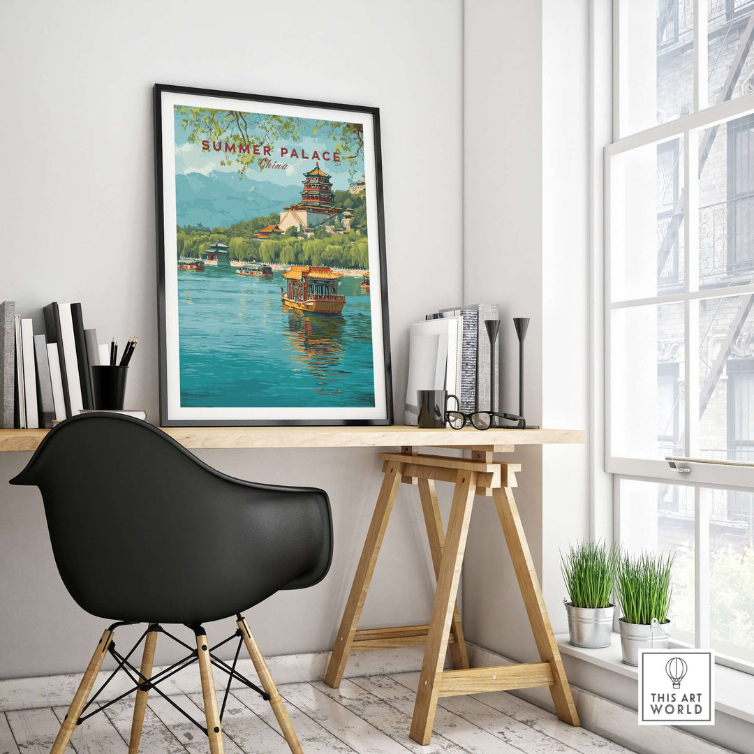 Summer Palace China art print displayed above a stylish desk with modern decor, showcasing Beijing's royal park beauty.