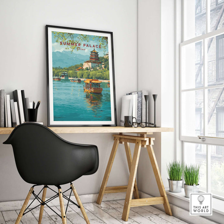 Summer Palace China art print displayed above a stylish desk with modern decor, showcasing Beijing's royal park beauty.