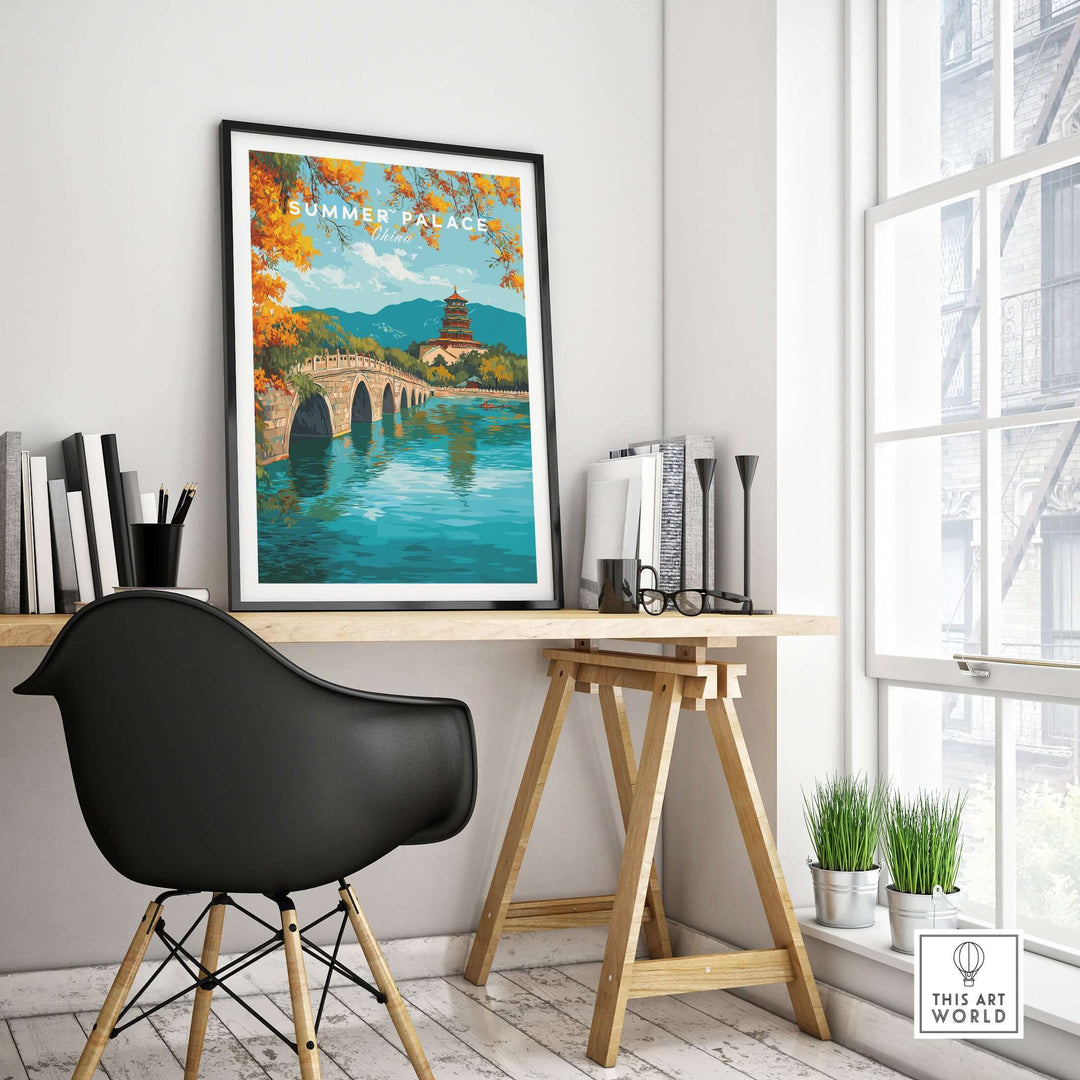 Summer Palace Seventeen-Arch Bridge art print displayed in a modern workspace, showcasing stunning architecture and serene waters.