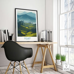 Sylhet Bangladesh Poster - Tea Plantation Fields Artwork in a modern workspace setting with a black chair and greenery.