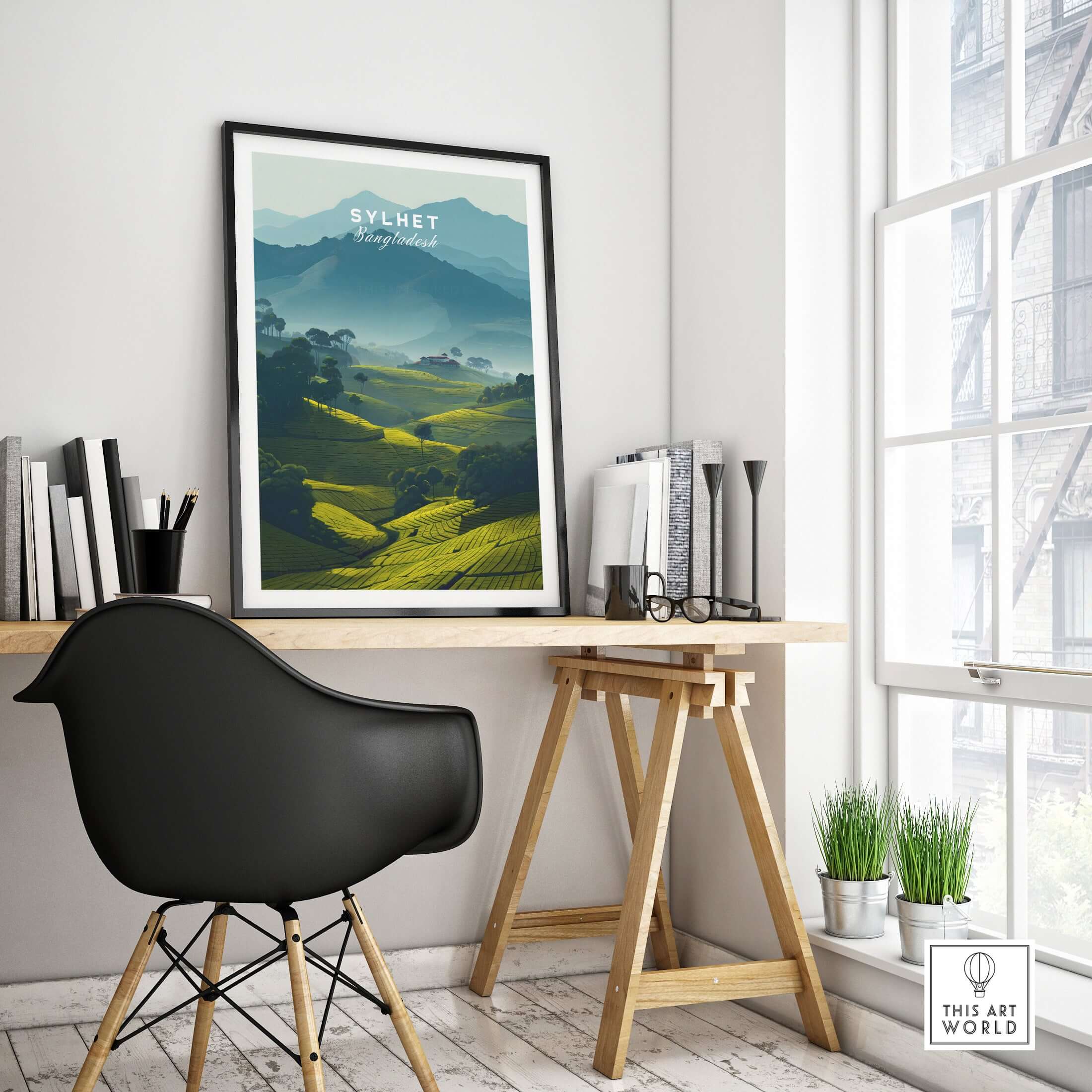 Sylhet Bangladesh Poster Tea Plantations Print - Misty Mountains Wall Art in a modern living space with a desk.