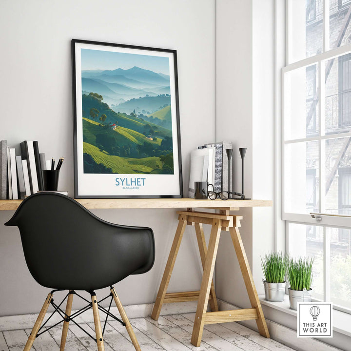 Sylhet Bangladesh tea plantation wall art in a modern workspace, showcasing lush green fields and serene landscapes.