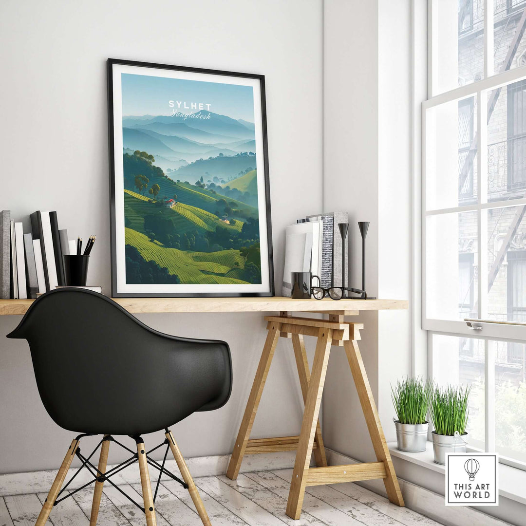 Sylhet Bangladesh tea fields print in a modern workspace, showcasing serene hillside landscape.