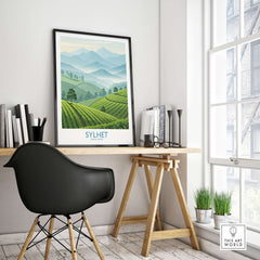 Sylhet Bangladesh Wall Art - Scenic Nature Print showcasing lush tea gardens and mountains in a modern workspace.