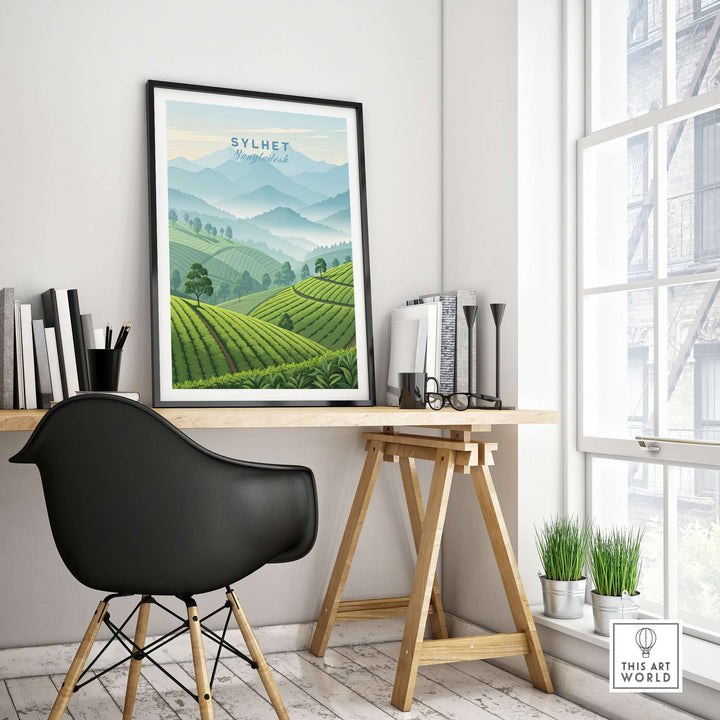 Sylhet wall art poster featuring lush green tea estates and mountains in a modern office space.