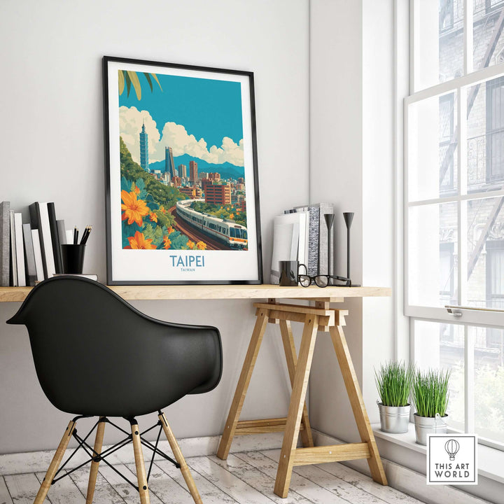 Taipei 101 poster on a desk in a modern space, showcasing Taipei's skyline and vibrant city life.