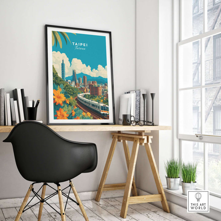 Taipei skyline poster featuring MRT train, vibrant colors, urban wall art in modern workspace decor.