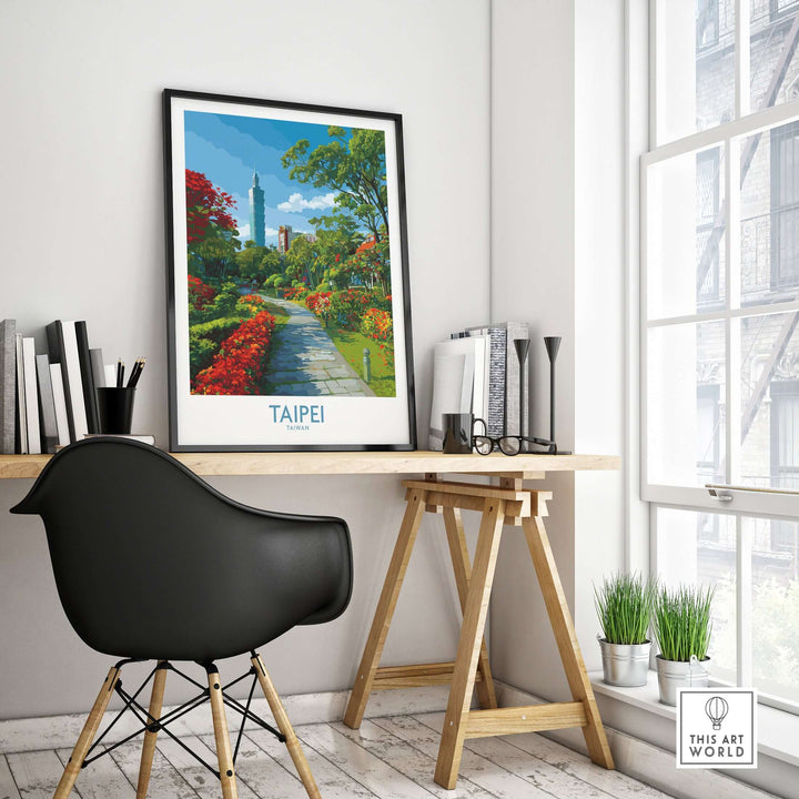 Taipei 101 Park view print in a stylish workspace, showcasing vibrant greenery and urban decor.