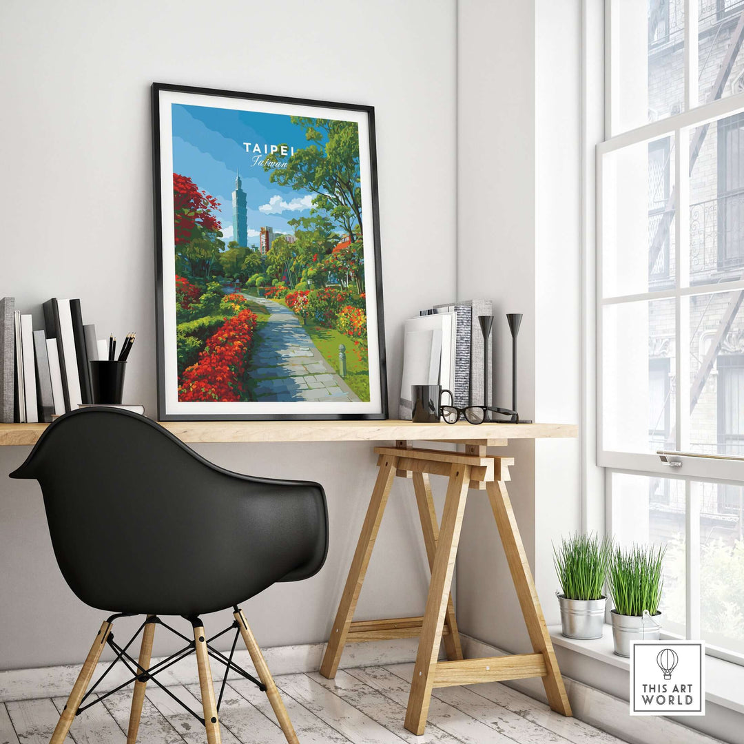 Taipei Botanical Garden pathway print displayed in a modern home office setting, featuring lush greenery and vibrant flowers.