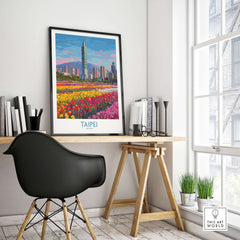 Taipei Taiwan Poster - Modern Urban Travel Print displayed in a stylish workspace with flowers and skyline backdrop.