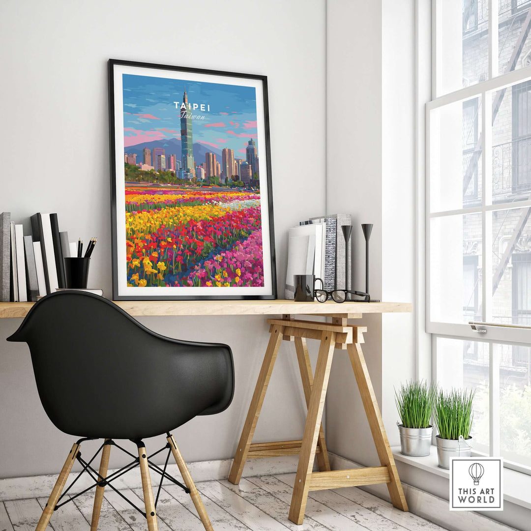 Taipei 101 cityscape print displayed in a modern workspace, surrounded by books and plants.