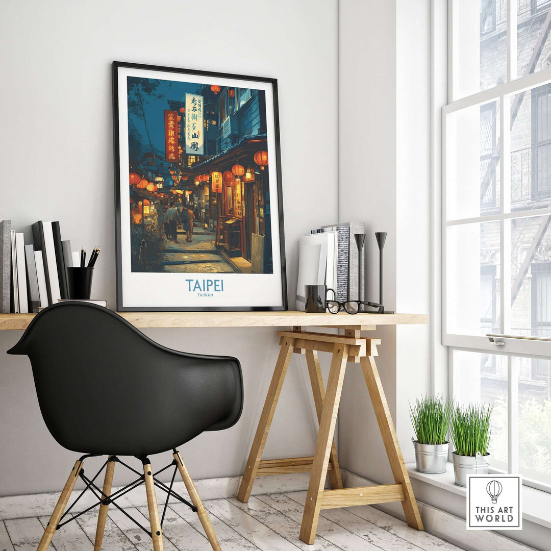 Taipei illuminated market poster in modern home office decor, showcasing vibrant city life and culture.