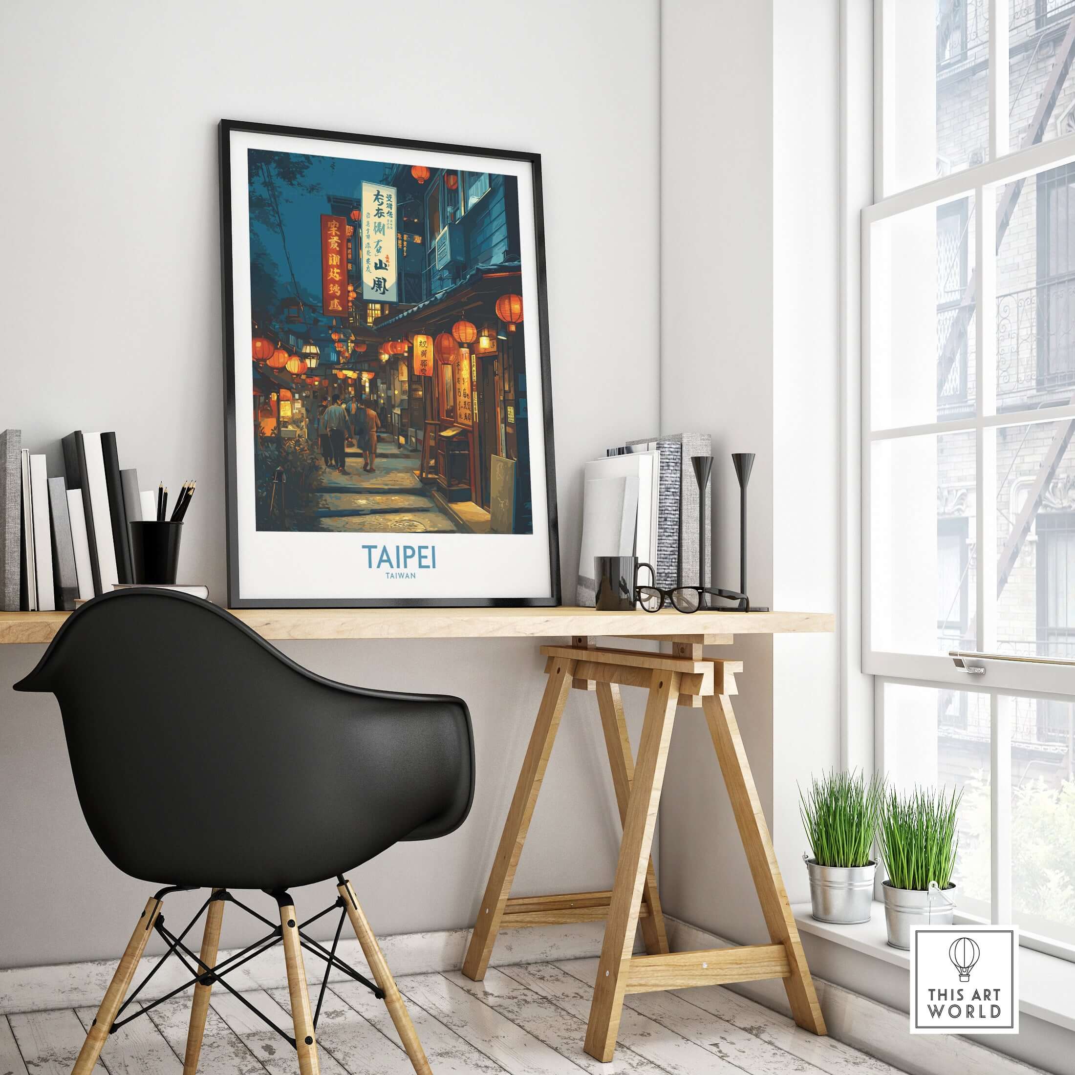 Taipei Taiwan Poster of Illuminated Market - Vibrant City Life Decor displayed in a modern workspace.
