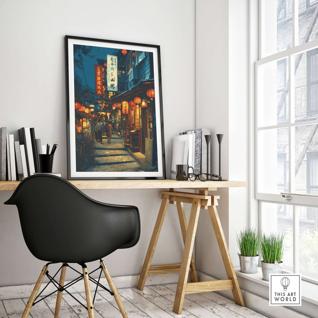 Taipei Lantern Alley night scene print framed on a wall in a stylish workspace, showcasing traditional street art.