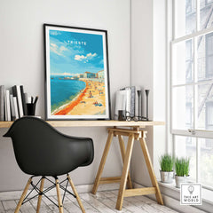 Trieste Italy Print - Adriatic Coast Wall Art showcased in a modern room with a stylish chair and beach scene print.