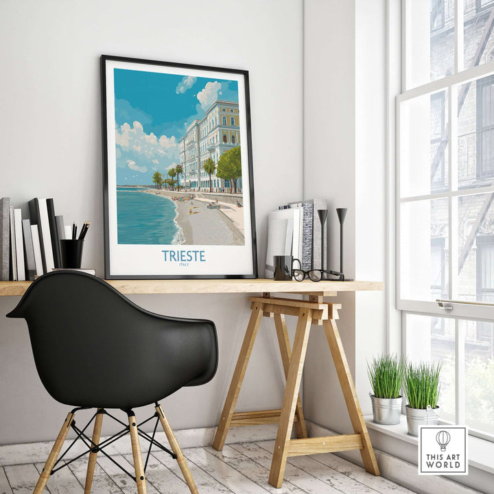 Trieste seafront poster displayed in a stylish room featuring coastal views and Mediterranean aesthetic.