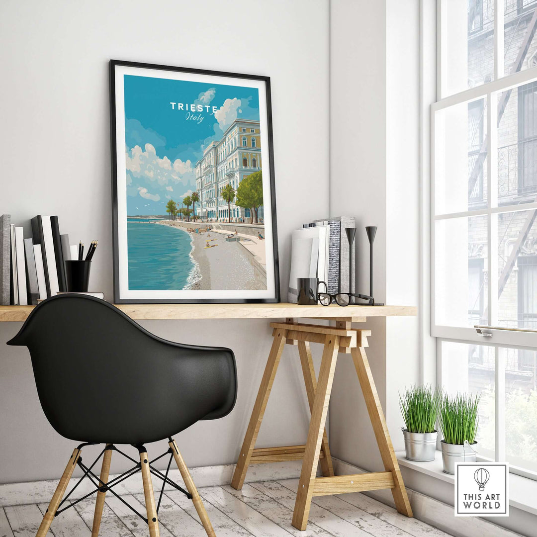 Trieste Italy beach scene poster displayed in a modern workspace showcasing coastal beauty and Italian charm.