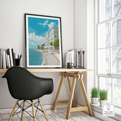 Trieste Italy Poster - Beach Scene Wall Art displayed in a modern interior with a stylish chair and desk.