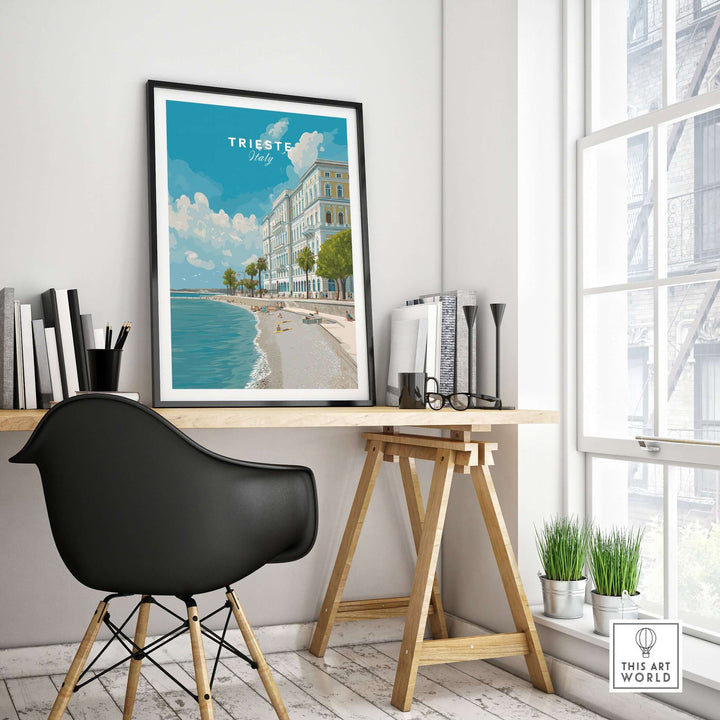 Trieste Italy beach scene poster displayed in a modern workspace showcasing coastal beauty and Italian charm.