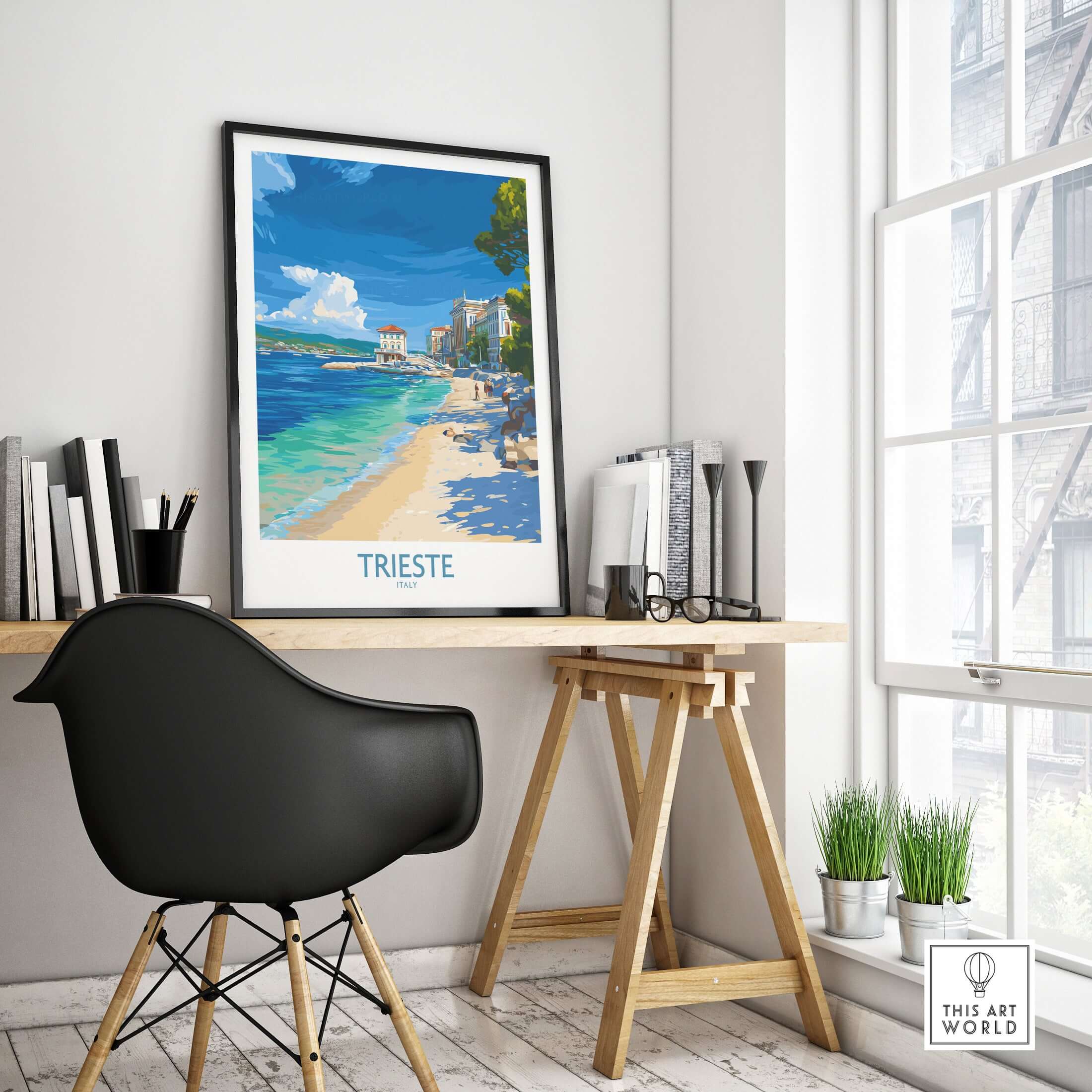 Trieste Italy Beach Poster - Mediterranean Travel Print displayed in a modern workspace, showcasing coastal beauty.