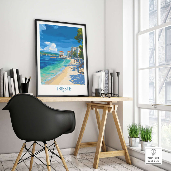 Trieste Italy beach poster displayed in a stylish home office setting, capturing Mediterranean coastal beauty.