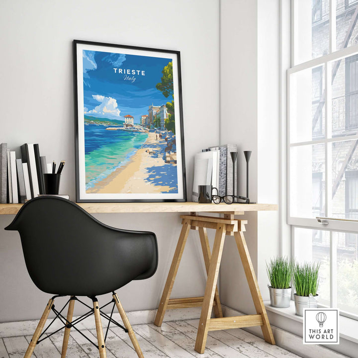 Trieste Italy beach print showcasing the Italian Riviera, displayed in a cozy workspace with modern decor.