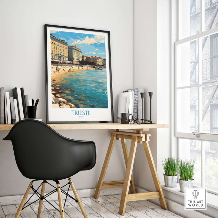 Trieste Italy wall art poster displayed in a stylish home office setting, highlighting coastal beauty and historic charm.