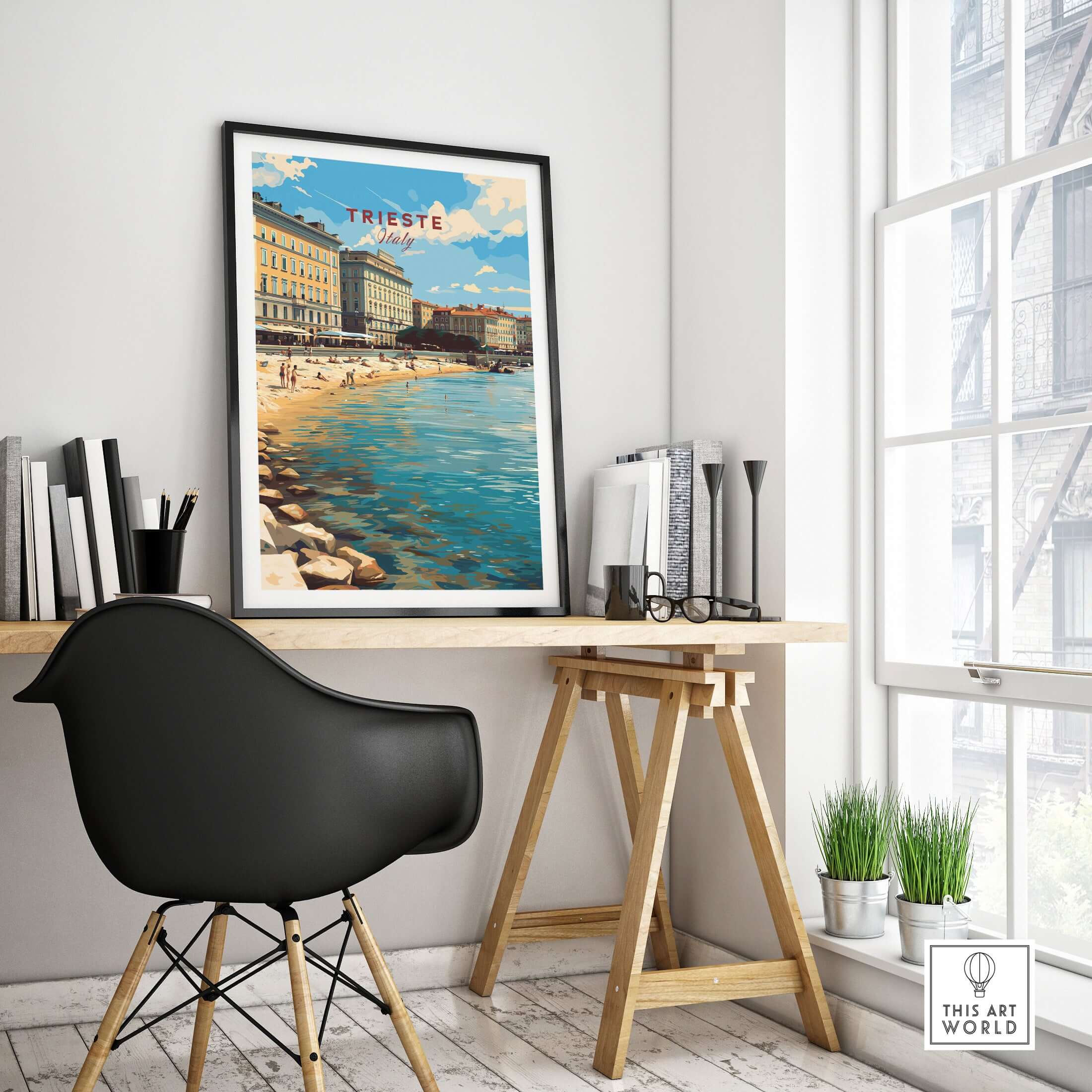 Trieste Poster Italy Travel Print showcasing the coastal scenery of Trieste in a stylish home office setting.