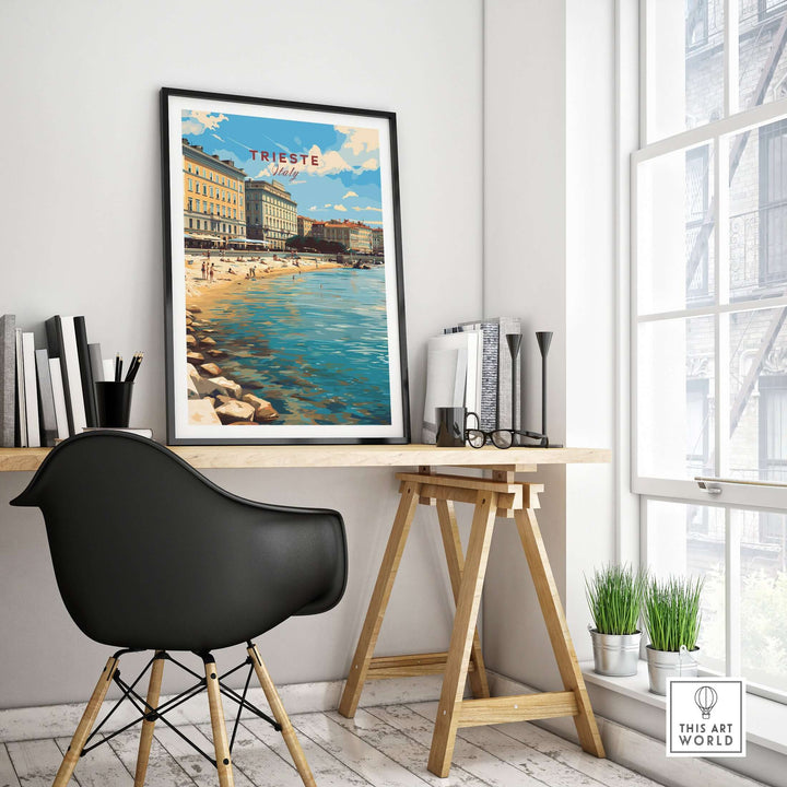 Trieste travel poster showcasing scenic coastal views and iconic architecture in a stylish home workspace.
