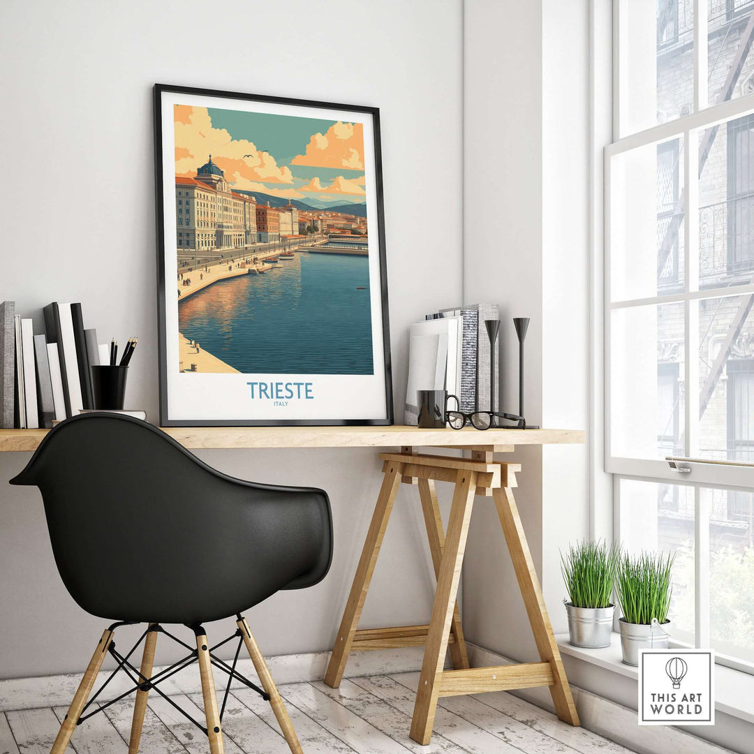 Trieste Italy wall art displayed in a stylish home office, showcasing stunning coastal architecture and Mediterranean charm.