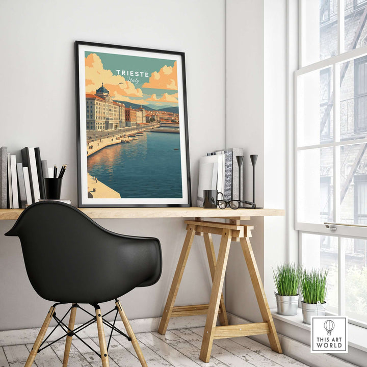 Trieste Italy print displayed in a stylish workspace, showcasing coastal charm and historic architecture.