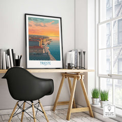 Trieste Italy Wall Art - Italian Evening Poster showcasing a serene view of Trieste at dusk in a modern home office setting.
