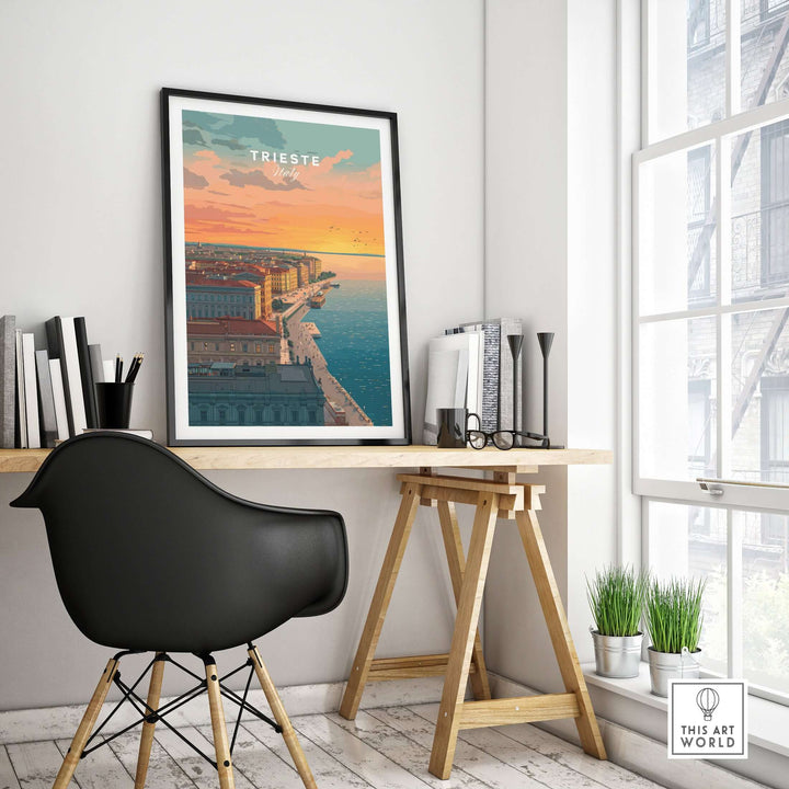 Trieste Italy Coastal Sunset Skyline Poster in a chic home office setting with elegant decor and natural light.