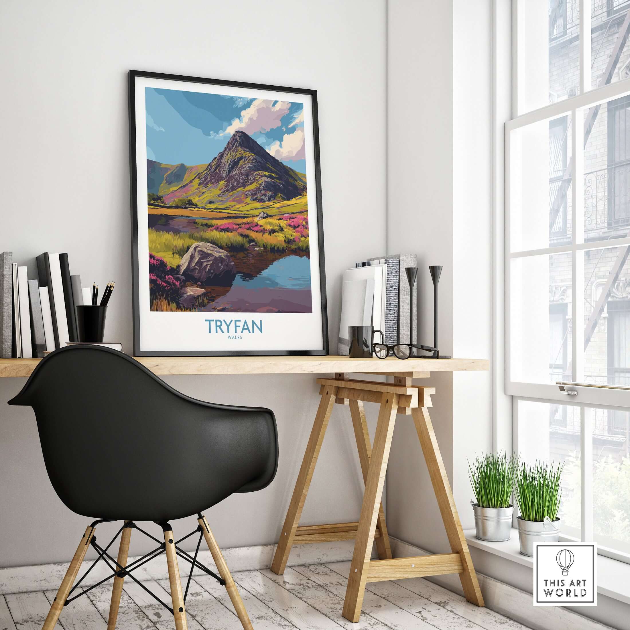 Tryfan Wales Heather Fields Peak Poster - Welsh Wilderness Decor in a modern workspace with natural light.