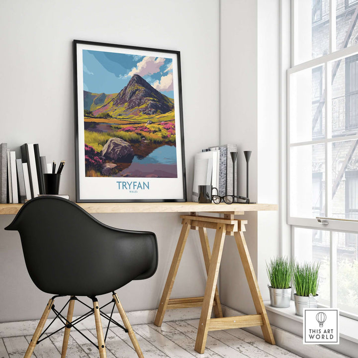 Tryfan Wales heather fields peak poster displayed in modern interior decor, showcasing Welsh wilderness art.