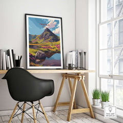 Tryfan Wales Mountain Landscape Print - Snowdonia Valley Wall Art displayed in a modern home office with a stylish chair.