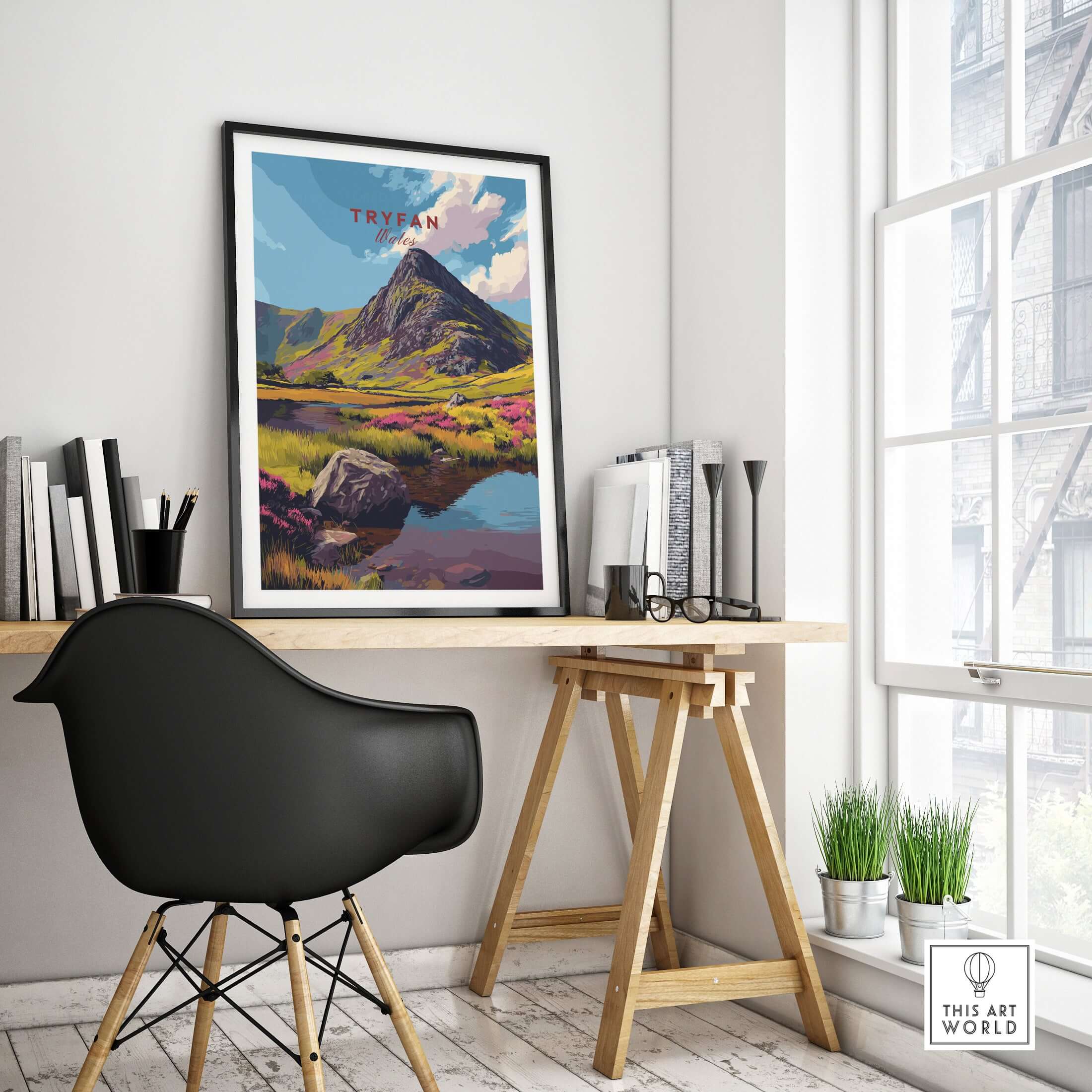 Tryfan Wales Mountain Landscape Print - Snowdonia Valley Wall Art displayed in a modern home office with a stylish chair.