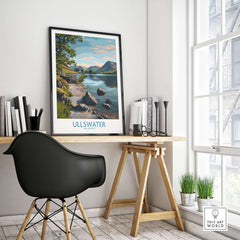Ullswater Lake District Mountain Vista Poster - UK Hiking Trail Decor displayed in a stylish home office setting.