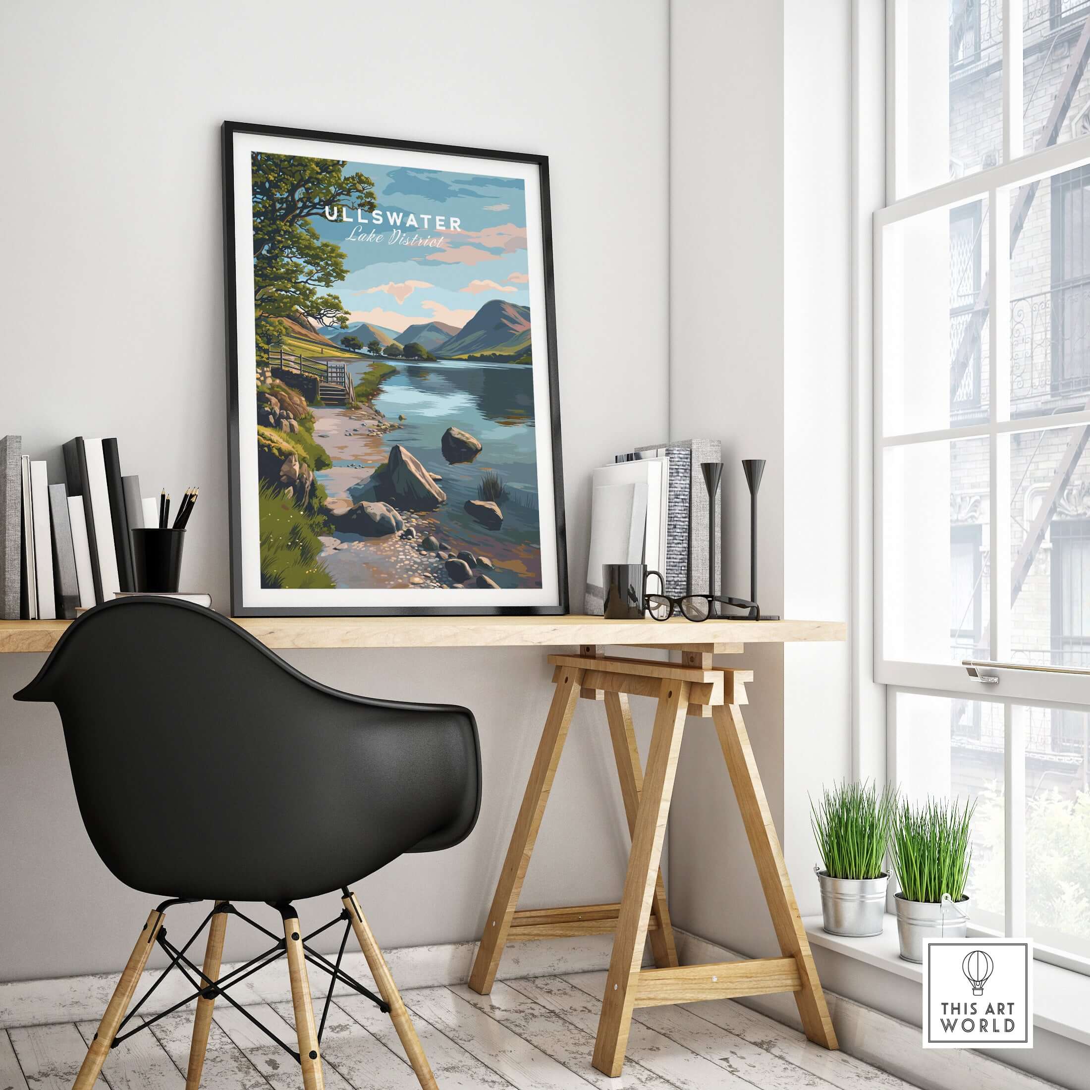 Ullswater Lake District Lakeside Path Print - Stone Wall & Lake Wall Art displayed in a modern office space.