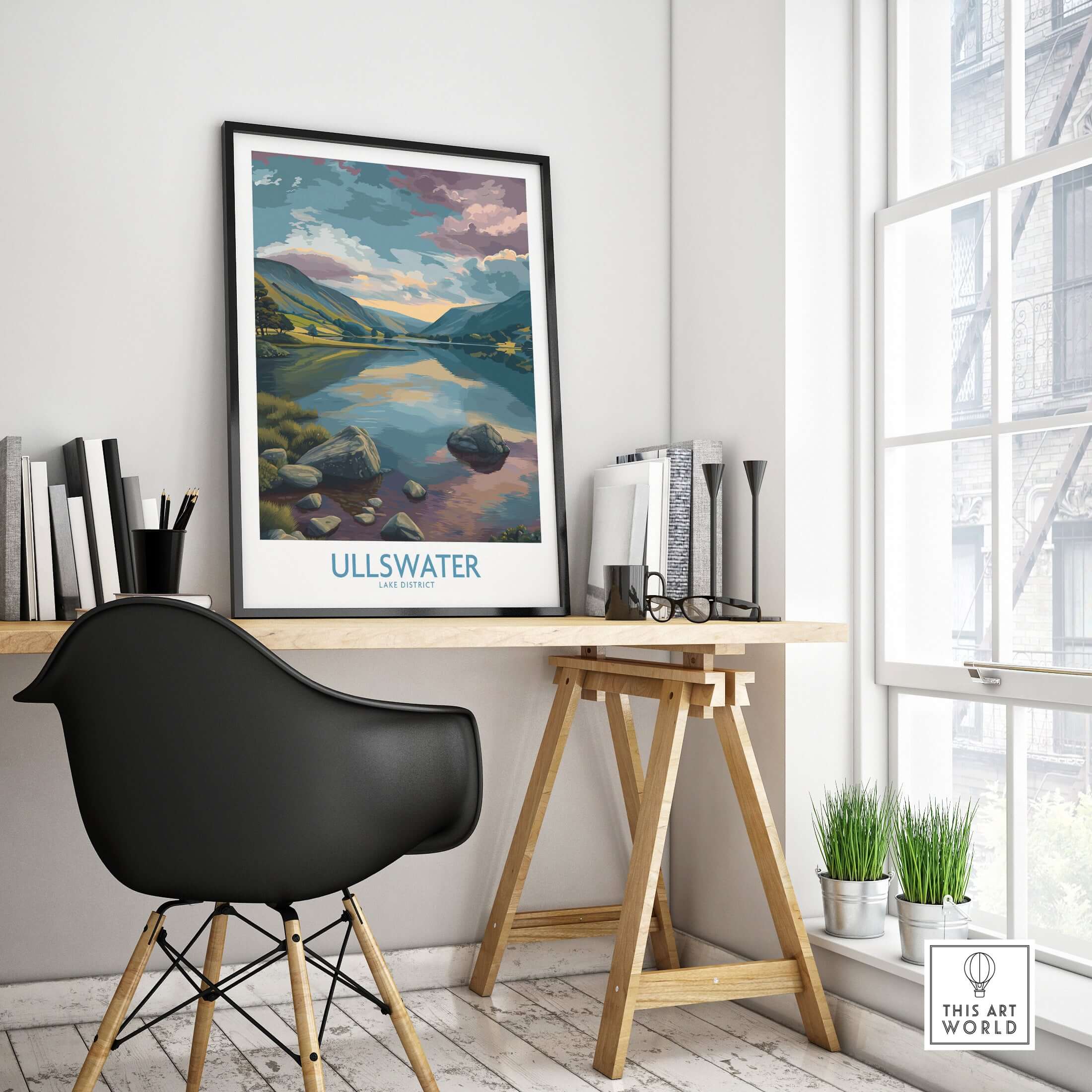 Ullswater Lake District Tranquil Lake View Poster - Scenic UK Landscape Decor displayed in a modern workspace.