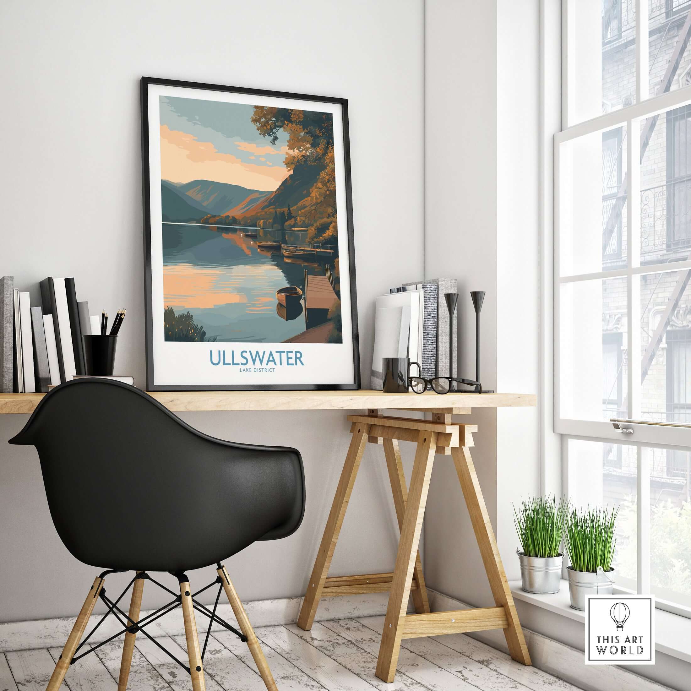 Ullswater Lake District Boat Moorings Wall Art - English Countryside Decor displayed in modern interior setting.