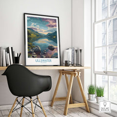 Ullswater Lake District Rocky Shoreline Poster - UK Nature Travel Decor displayed in a modern workspace setting.