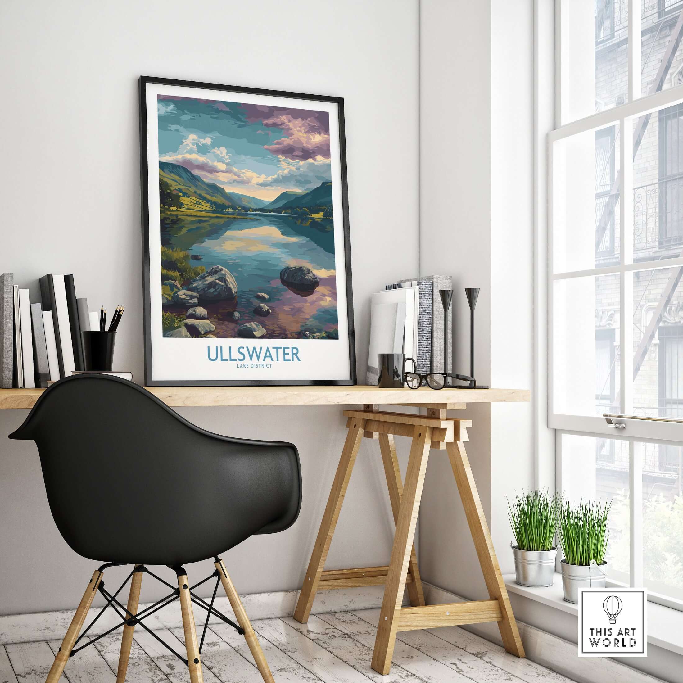 Ullswater Lake District Rocky Shoreline Poster - UK Nature Travel Decor displayed in a modern workspace setting.