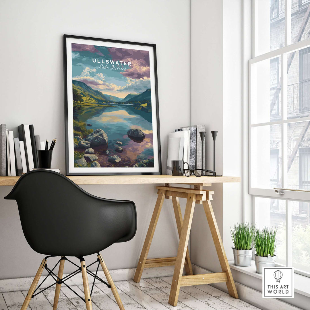 Ullswater Lake District mountain view reflection print in modern office decor, bringing serenity to the workspace.