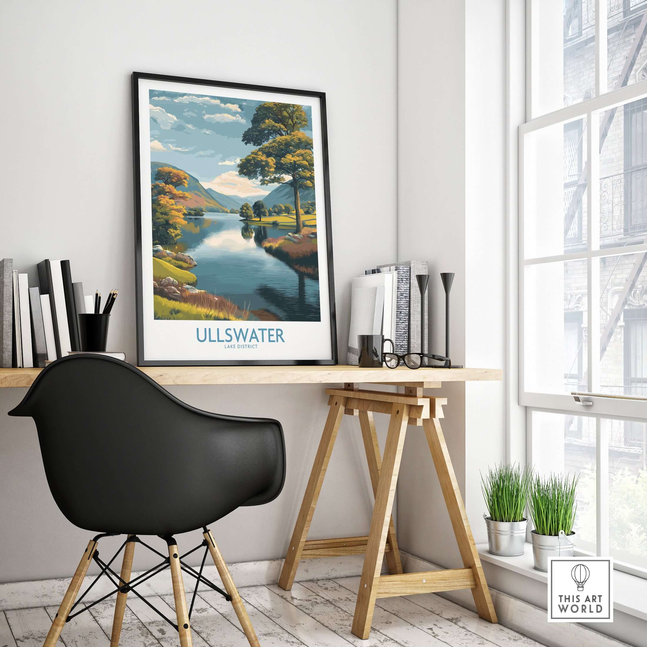 Ullswater Lake District Autumn Trees Landscape Wall Art - UK Lake District Decor displayed in a stylish home office.