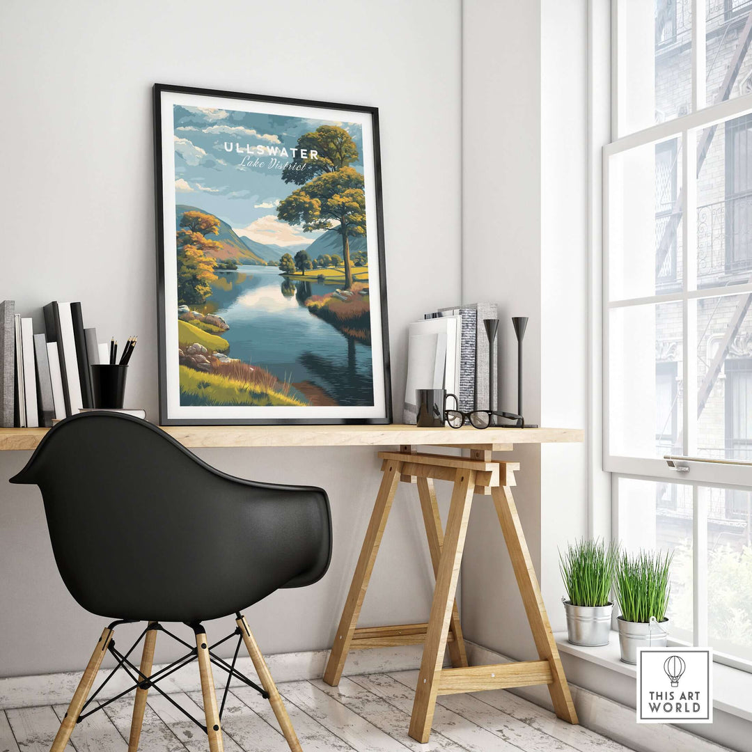 Ullswater Lake District print showcasing green trees and lakeside scenery in a stylish home office setting.