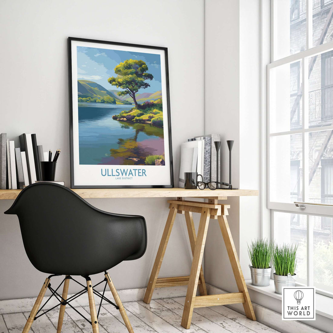Ullswater Lake District green hillside poster displayed in a modern workspace, showcasing scenic UK travel decor.